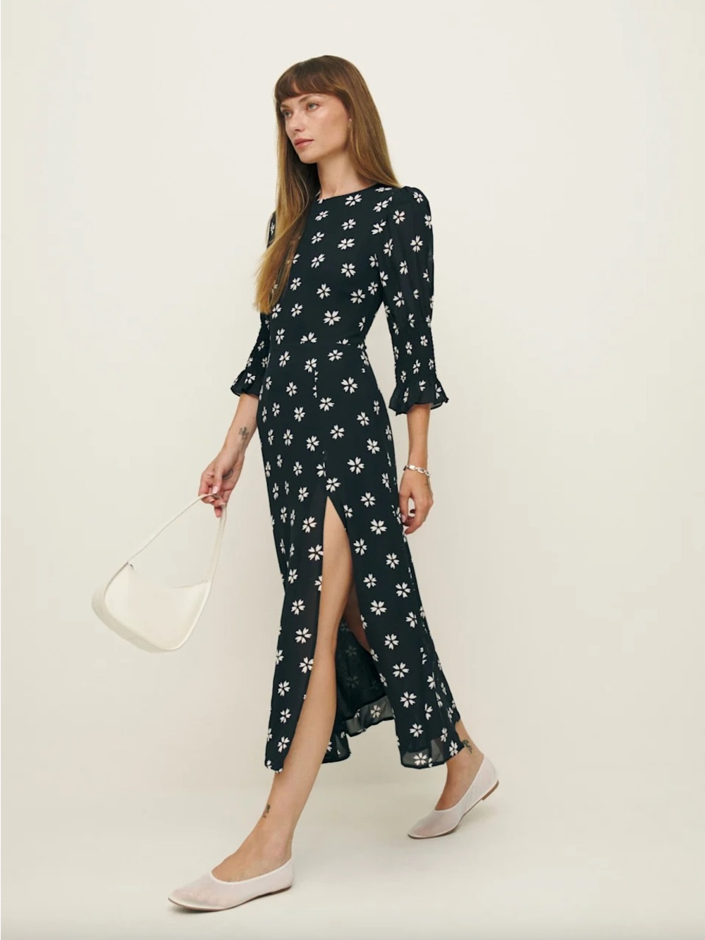 Reformation Black Floral Maxi Dress with White Daisy Print